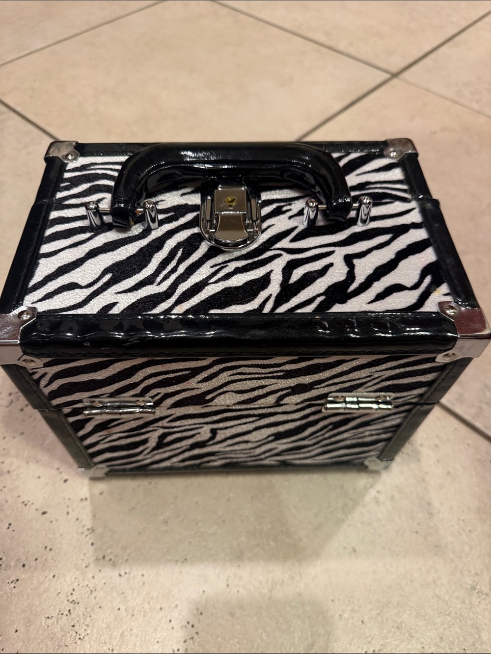 Caboodles cosmetic train makeup organizer holder zebra print black white lock
